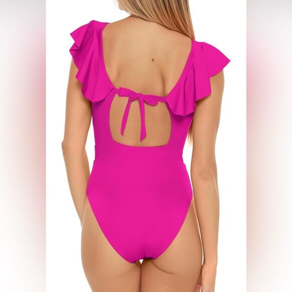 UEC TRINA TURK HOT PINK BRIGHT Monaco Ruffle One Piece Swimsuit SZ 8 - Picture 2 of 6